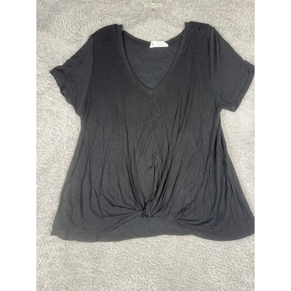 Double Zero V-Neck Front Knot Top Womens Large Black Soft Goth Short Sleeve Tee
